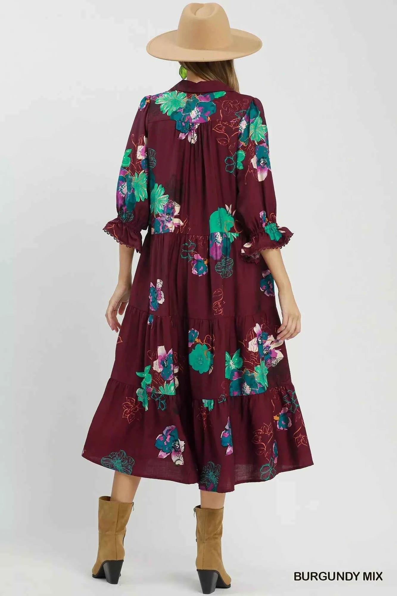 Umgee Floral Print Tiered Midi Dress with Puff Sleeves Umgee Floral Print Tiered Midi Dress with Puff Sleeves