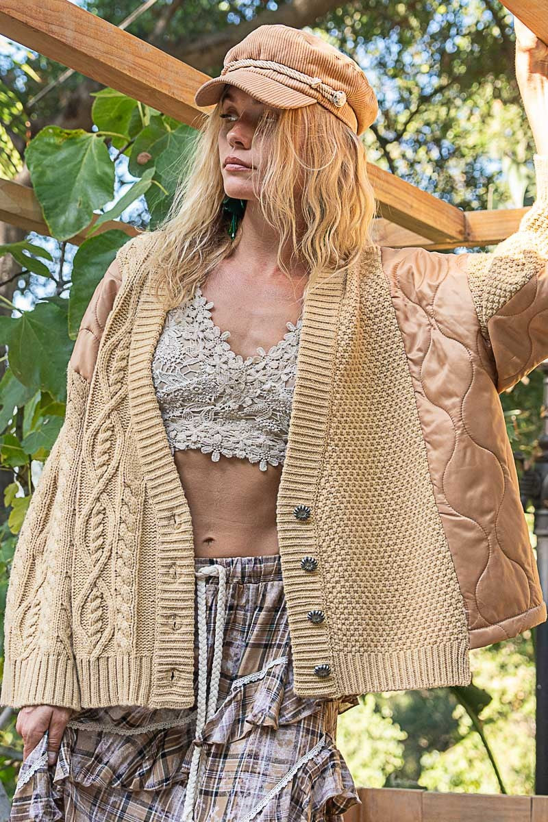 POL Quilting Patch Button Up Cable Knit Jacket POL Quilting Patch Button Up Cable Knit Jacket