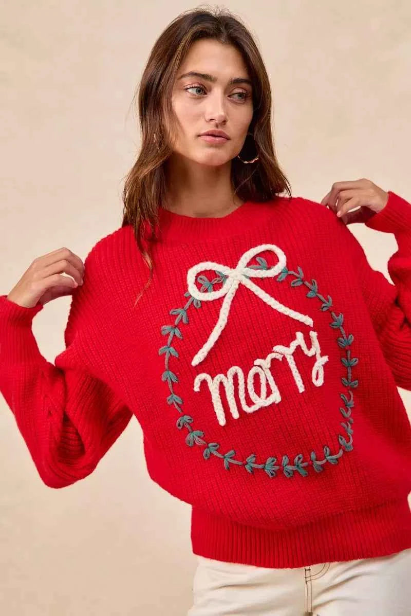 BiBi Christmas Wreath Merry Letter Knit Top BiBi Christmas Wreath Merry Letter Knit Top