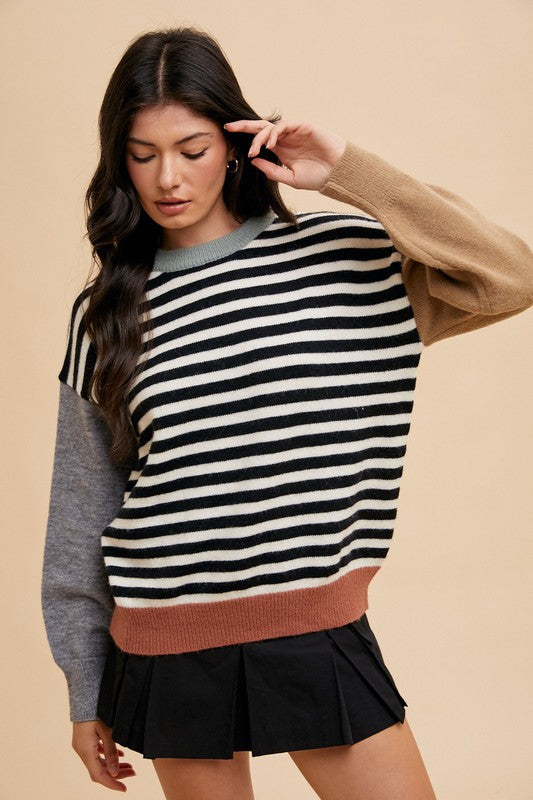 Annie Wear Striped Color Block Round Neck Sweater Annie Wear Striped Color Block Round Neck Sweater