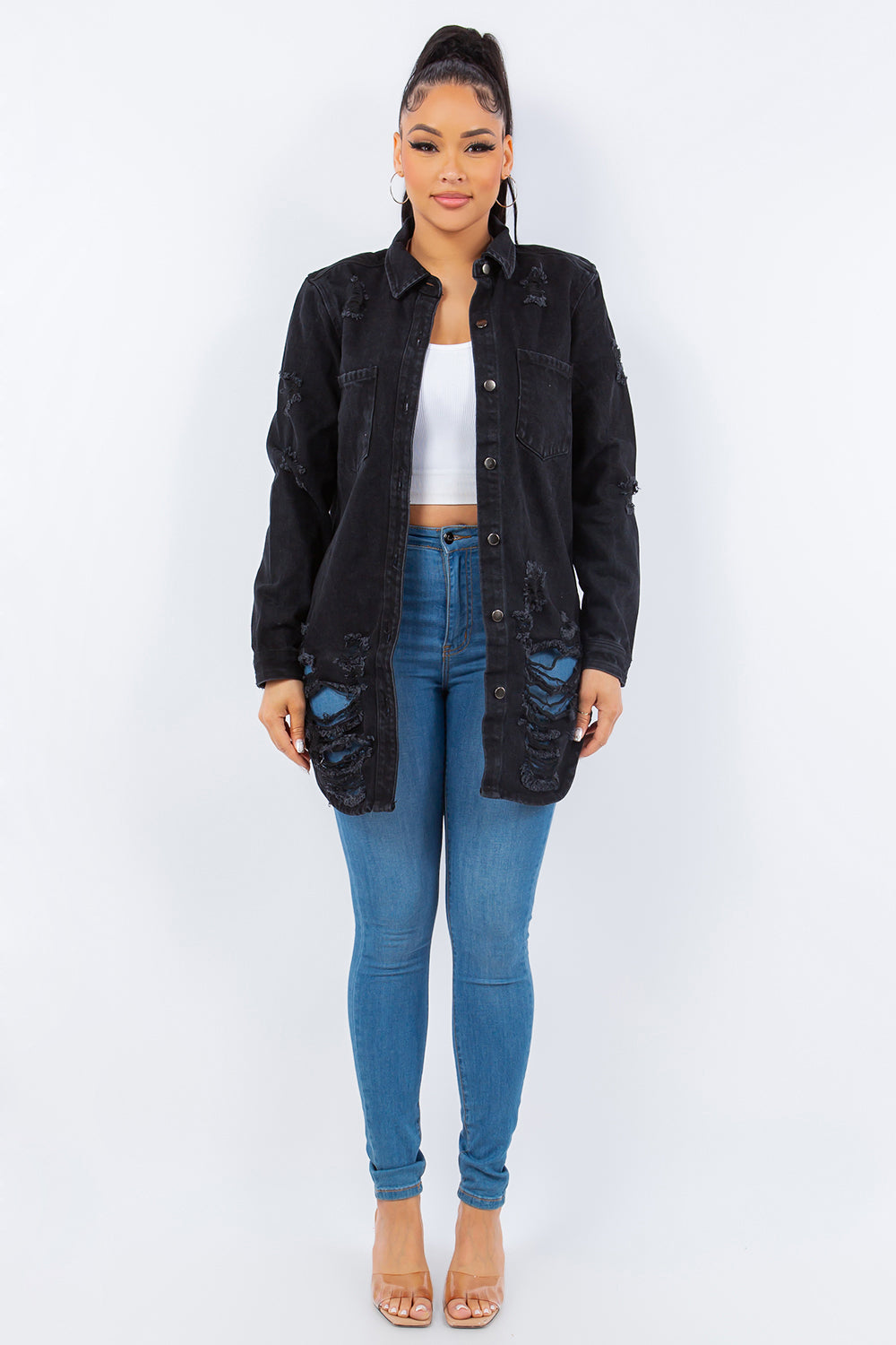 American Bazi Distressed Button Up Long Sleeve Denim Jacket American Bazi Distressed Button Up Long Sleeve Denim Jacket