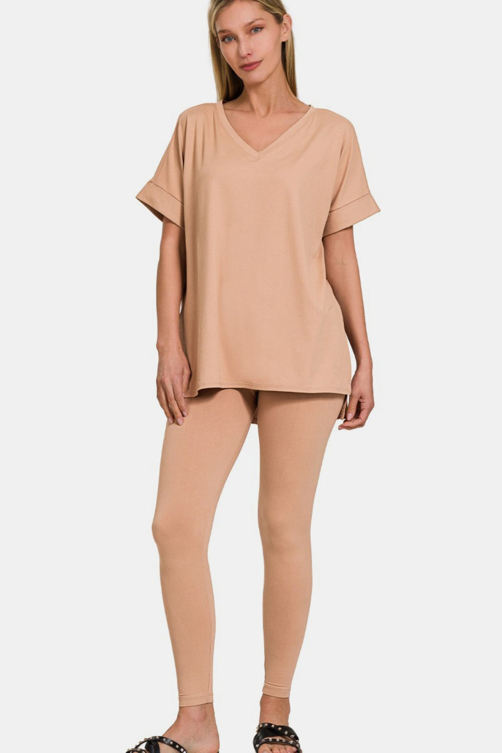 Zenana Full Size V-Neck Rolled Short Sleeve T-Shirt and Leggings Lounge Set Zenana Full Size V-Neck Rolled Short Sleeve T-Shirt and Leggings Lounge Set - TopFashionHQ