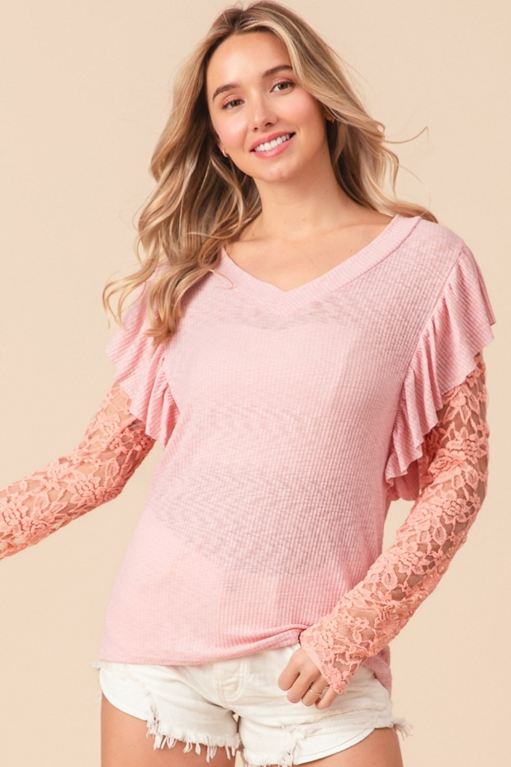 BiBi Ruffled Lace Sleeve Rib Knit Top BiBi Ruffled Lace Sleeve Rib Knit Top - TopFashionHQ