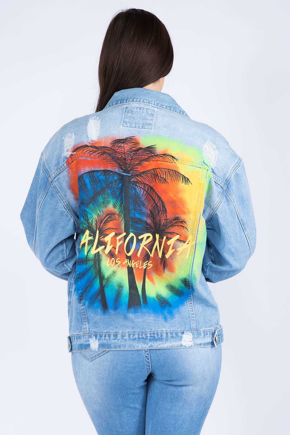 American Bazi Full Size Painted Back Distressed Denim Jacket American Bazi Full Size Painted Back Distressed Denim Jacket - TopFashionHQ