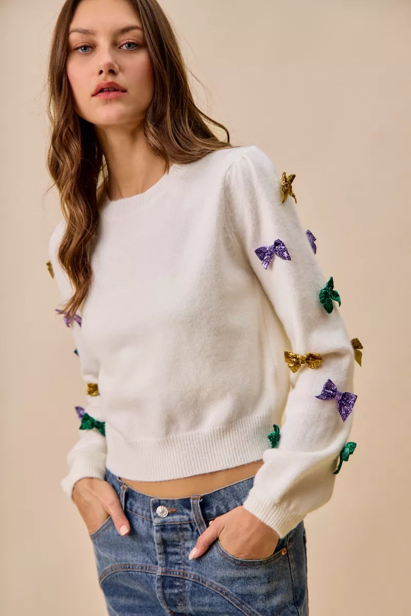 SO ME Mardi Gras Glitter Bow Ribbon Sweater Knit Top b4f4e6519e64414cadb6bc1f729e7abe-Max-Origin