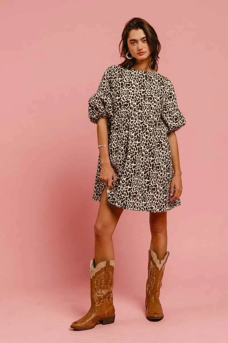 BiBi Leopard Denim Dress With Back Contrast Tie Detail BiBi Leopard Denim Dress With Back Contrast Tie Detail