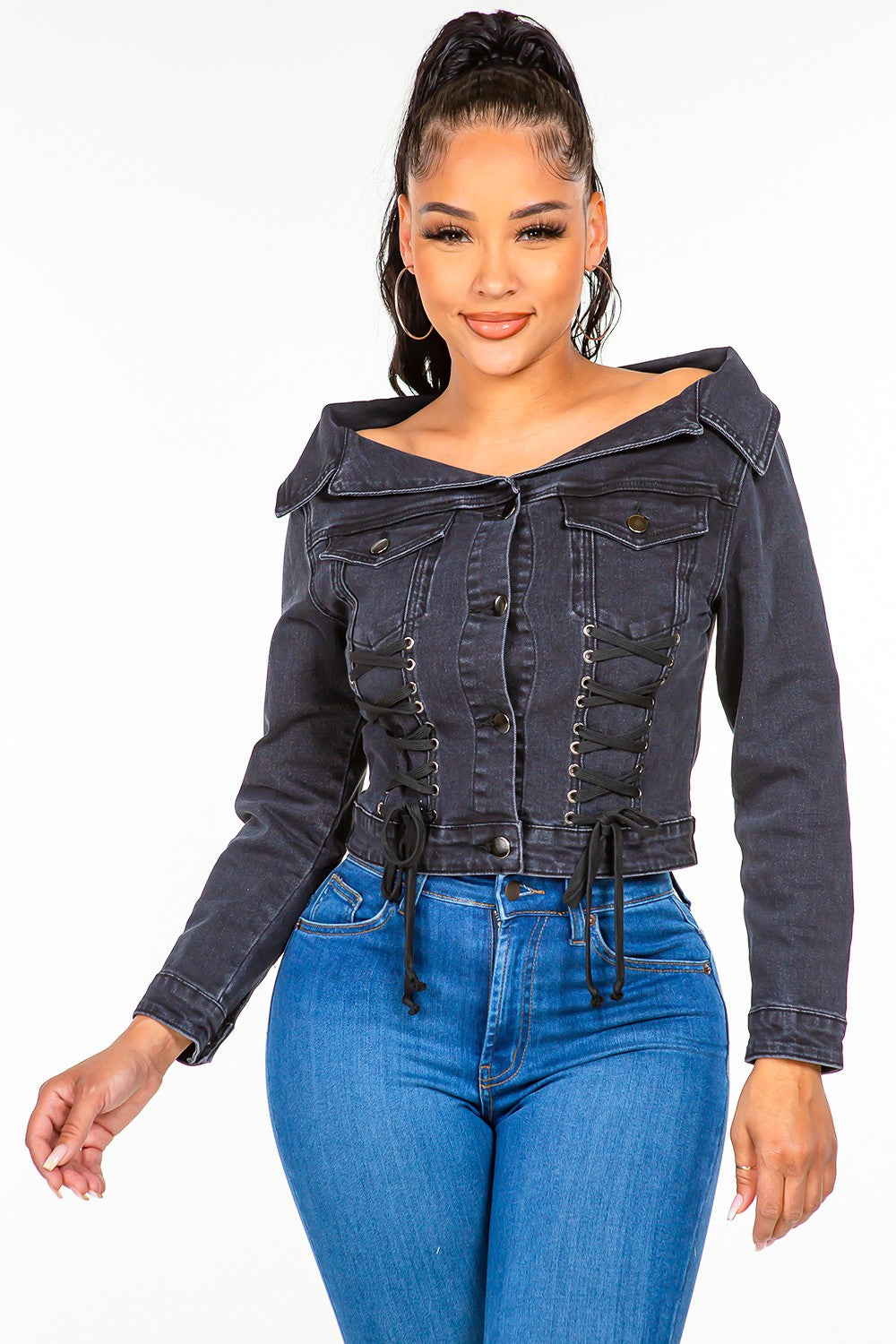 American Bazi Off Shoulder Lace Up Denim Jacket American Bazi Off Shoulder Lace Up Denim Jacket