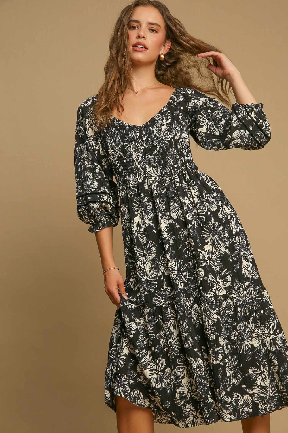 Umgee Ruffle Hem Flower Printed V-Neck Dress Umgee Ruffle Hem Flower Printed V-Neck Dress - TopFashionHQ