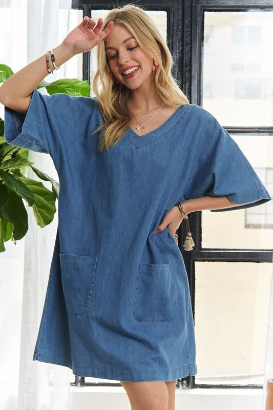 ADORA V-Neck Half Sleeve Mini Denim Dress b51b902a-5dd6-447f-8f10-9b33bf55504d-Max