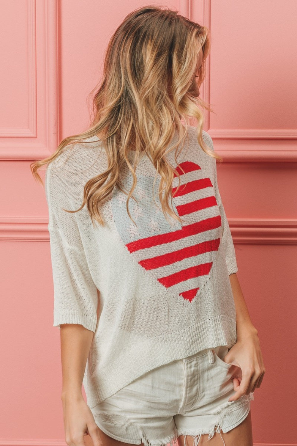 BiBi Striped Heart Contrast Knit Top BiBi Striped Heart Contrast Knit Top - TopFashionHQ