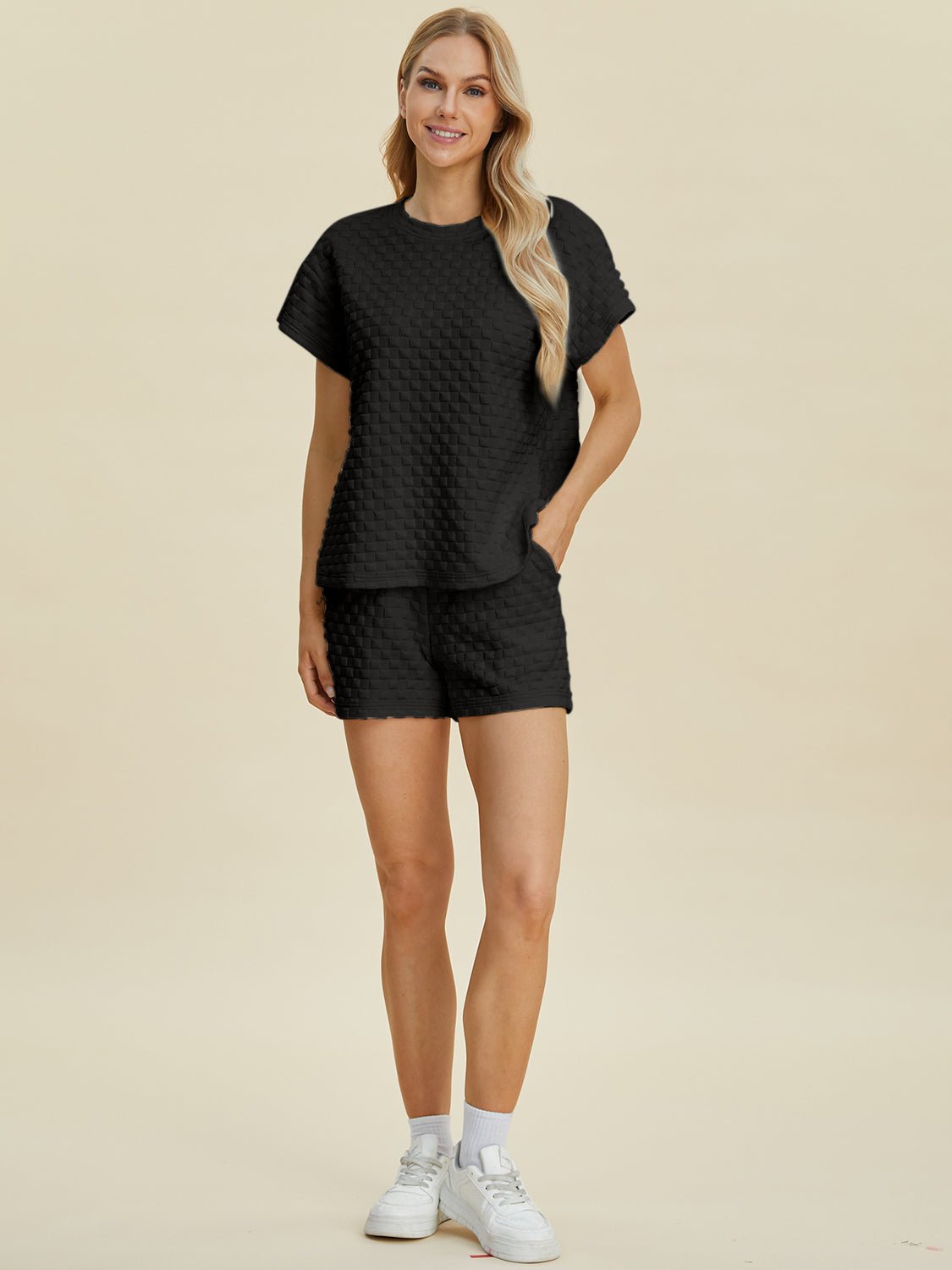 Double Take Full Size Texture T-Shirt and Shorts Set Double Take Full Size Texture T-Shirt and Shorts Set