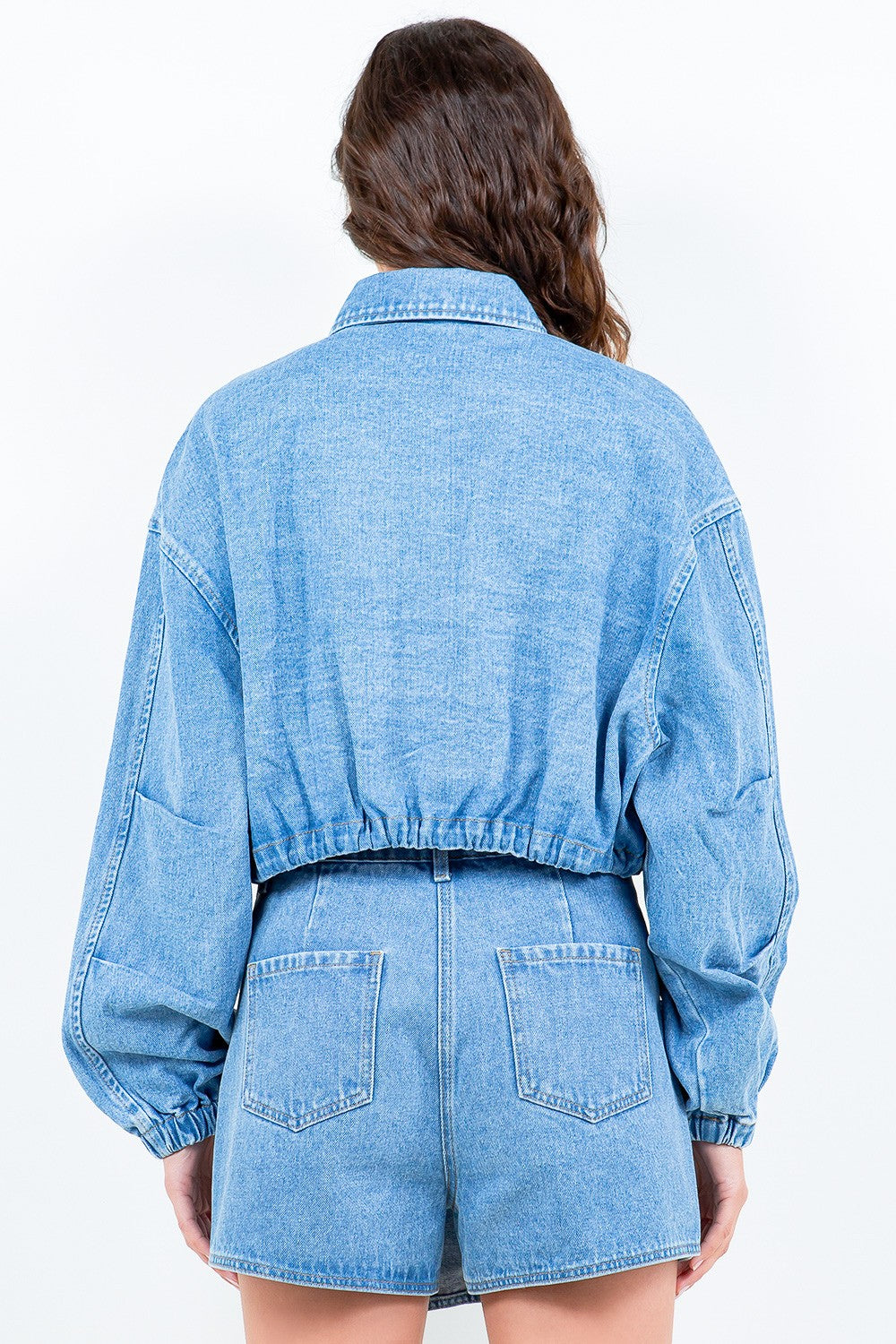 American Bazi Drawstring Waist Crop Denim Jacket American Bazi Drawstring Waist Crop Denim Jacket