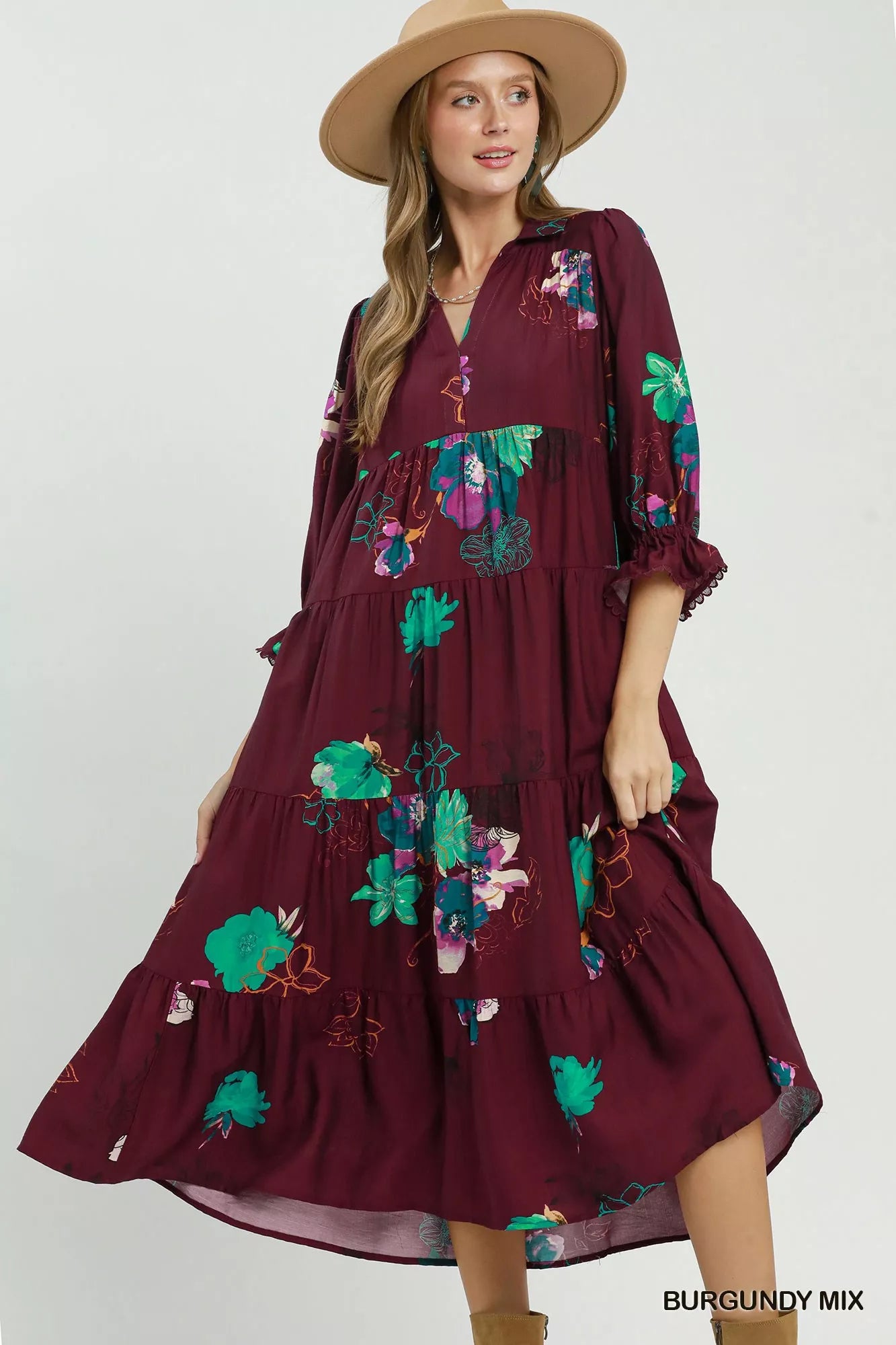 Umgee Floral Print Tiered Midi Dress with Puff Sleeves b54fd44a-e3c9-4a36-b7a4-3e9b3e024b7a-Max-Origin