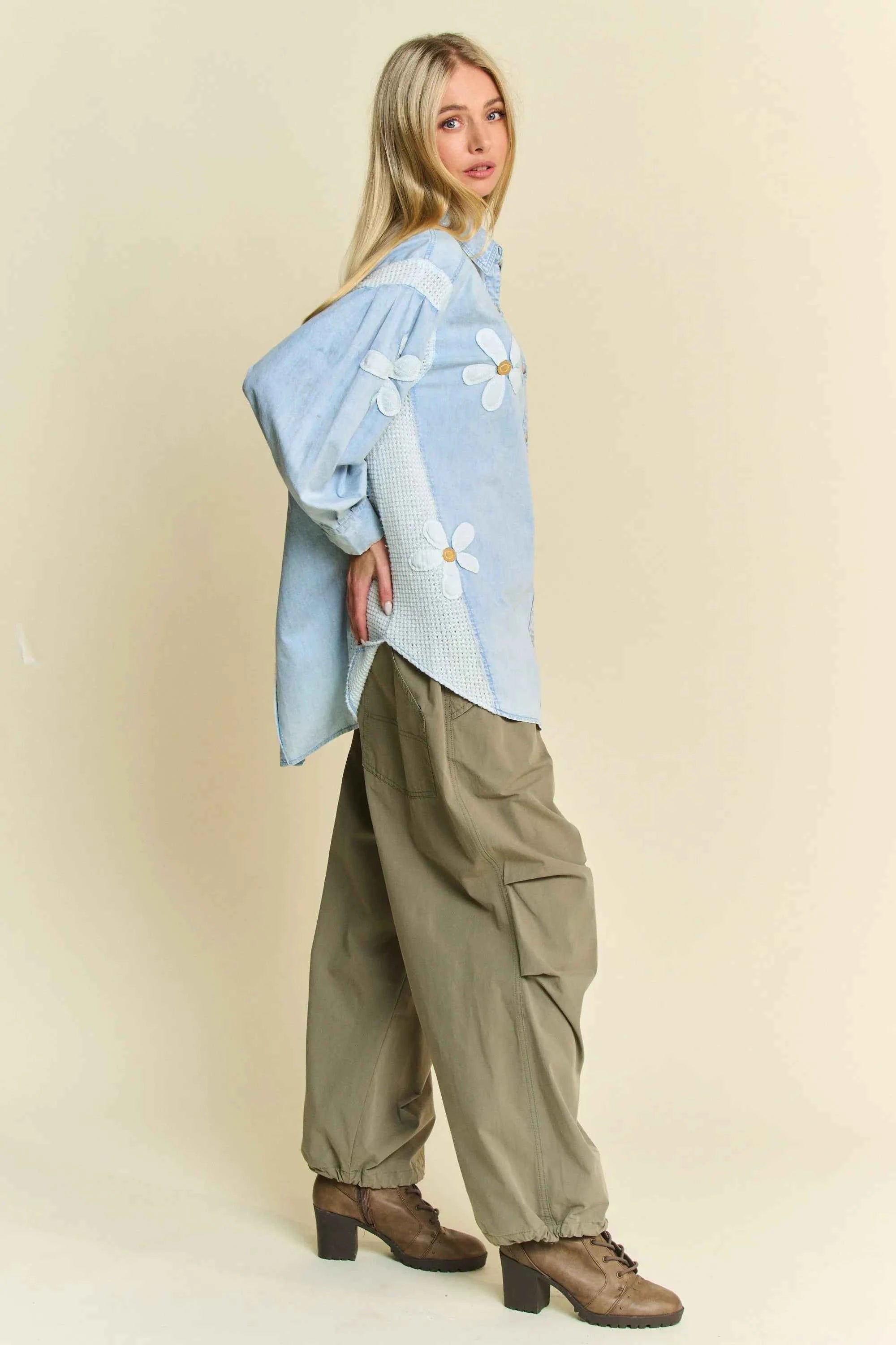 Davi & Dani Lightweight Washed Daisy Patch Waffle Knit Shirt Davi & Dani Lightweight Washed Daisy Patch Waffle Knit Shirt