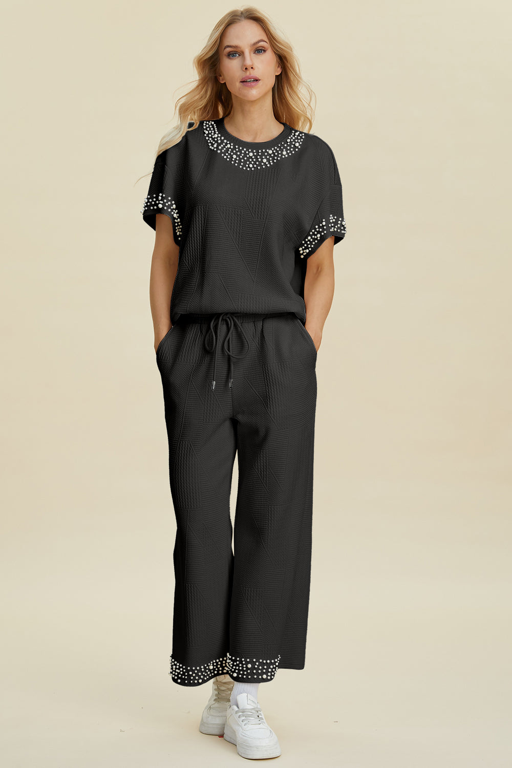 Double Take Full Size Pearl Detail Round Neck Top and Pants Set Double Take Full Size Pearl Detail Round Neck Top and Pants Set