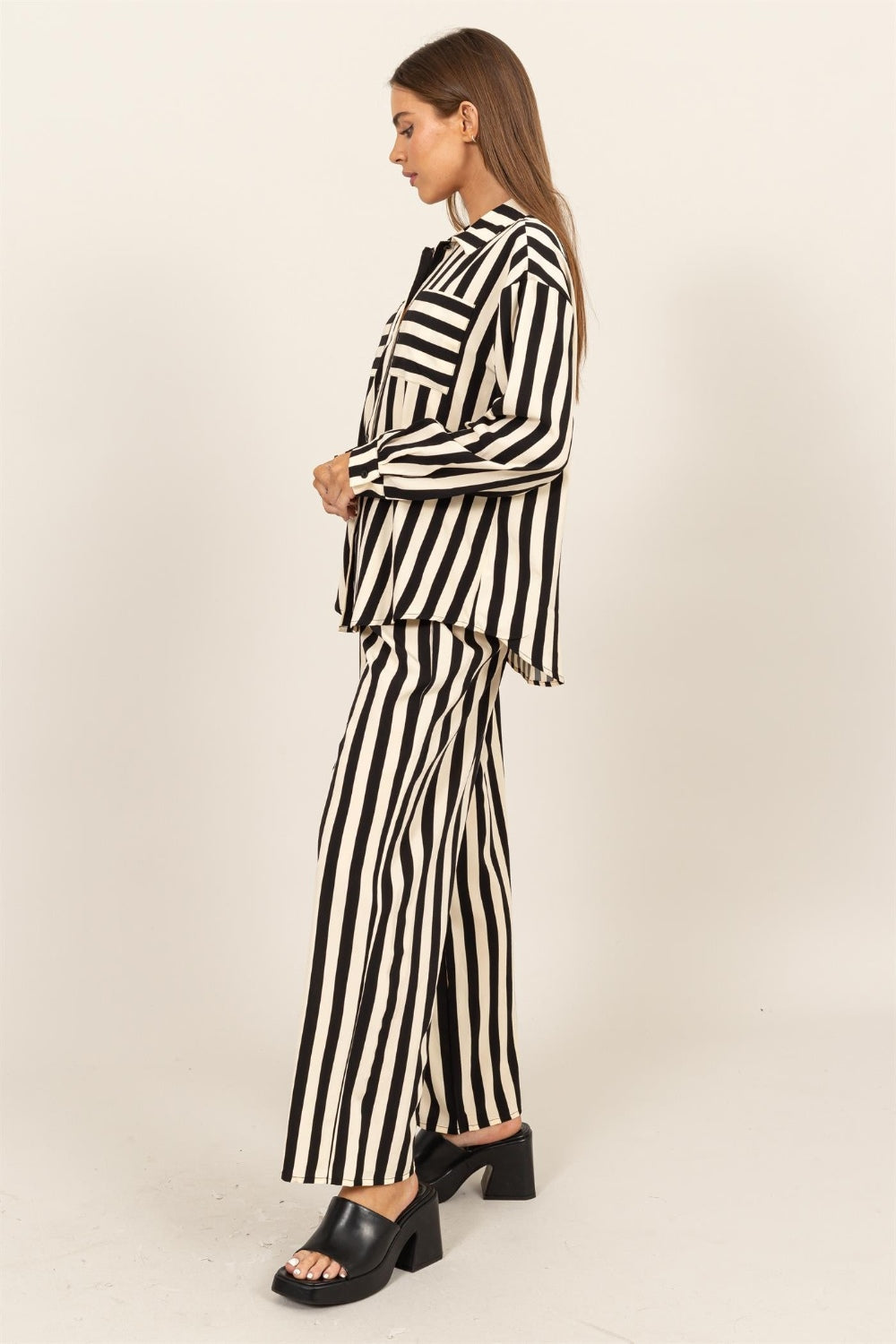 HYFVE Striped Button Up Shirt and Pants Set HYFVE Striped Button Up Shirt and Pants Set - TopFashionHQ