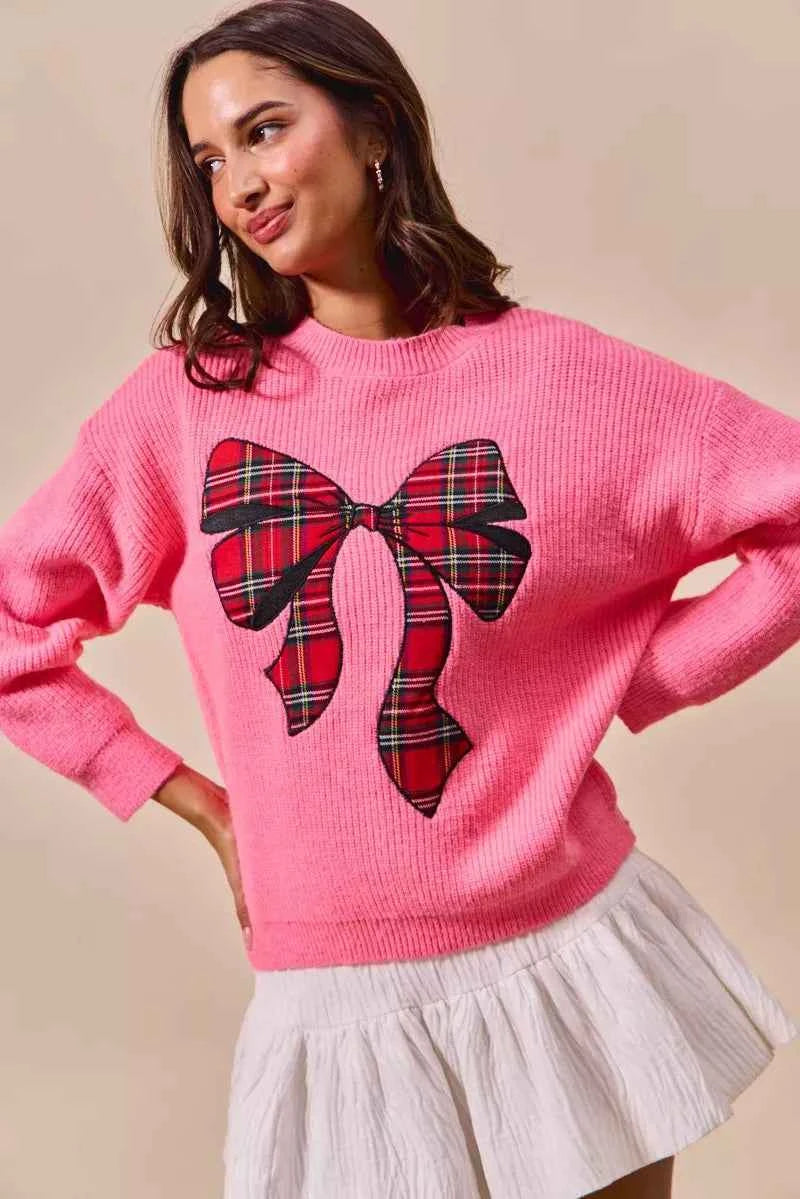 SO ME Checker Plaid Ribbon Christmas Holiday Sweater SO ME Checker Plaid Ribbon Christmas Holiday Sweater