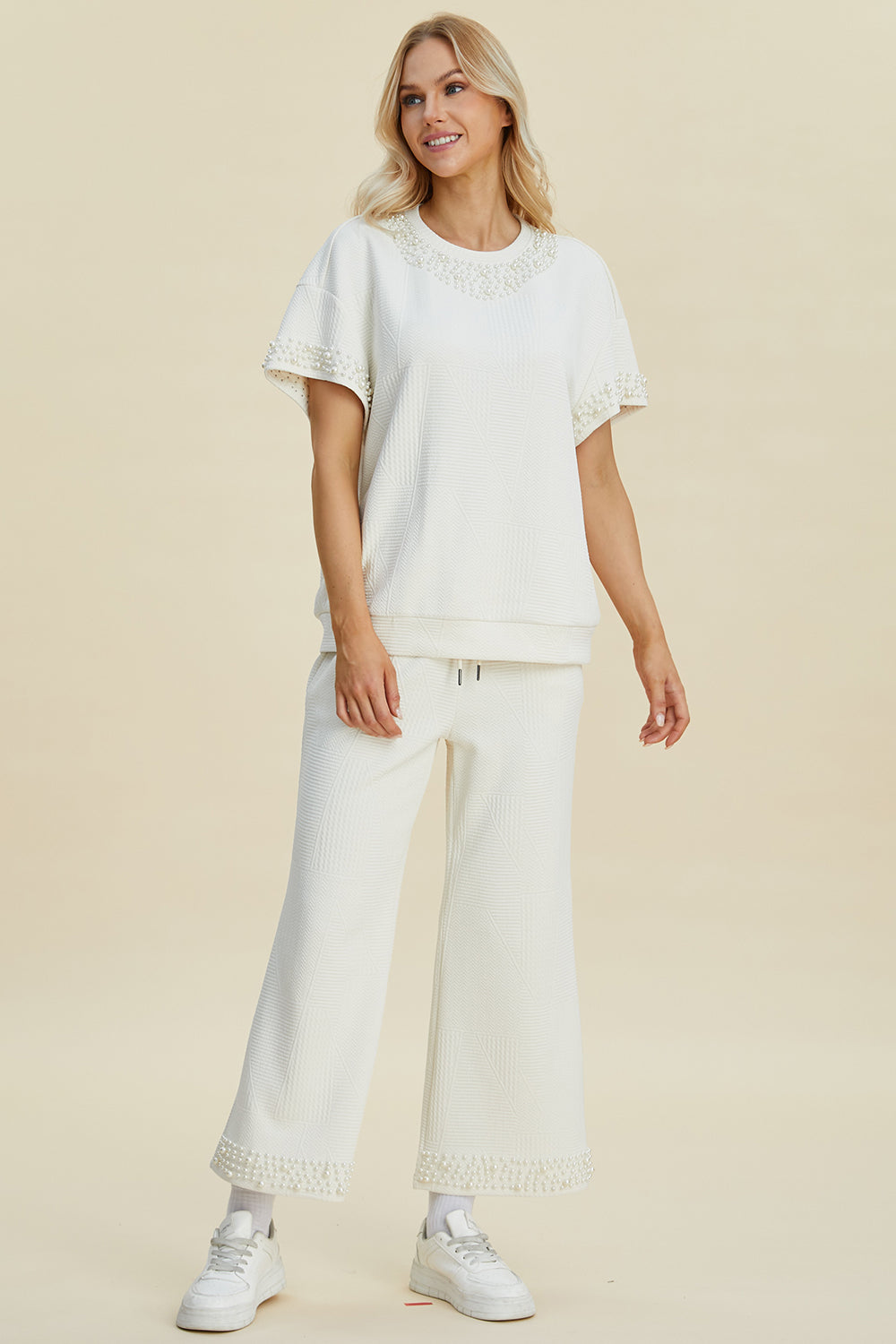 Double Take Full Size Pearl Detail Round Neck Top and Pants Set Double Take Full Size Pearl Detail Round Neck Top and Pants Set
