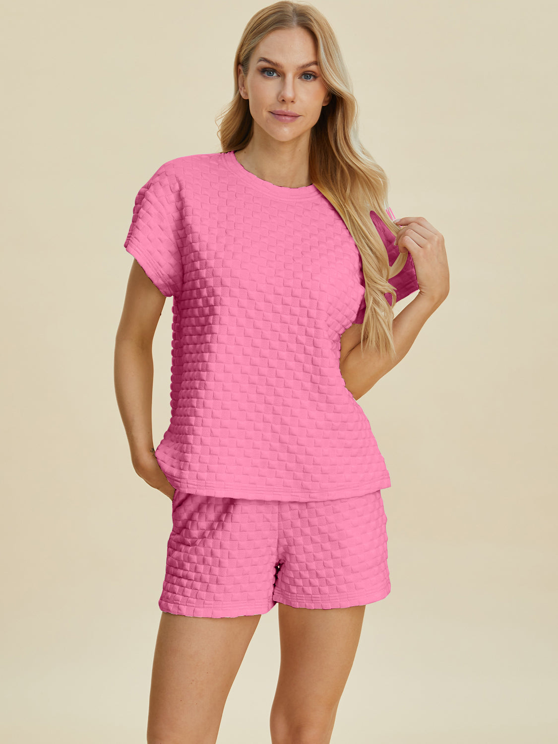 Double Take Full Size Texture T-Shirt and Shorts Set Double Take Full Size Texture T-Shirt and Shorts Set