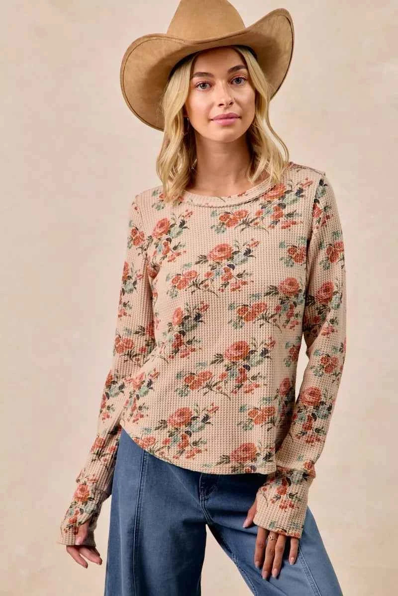 BiBi Floral Print Washed Waffle Thermal Top with Thumb BiBi Floral Print Washed Waffle Thermal Top with Thumb