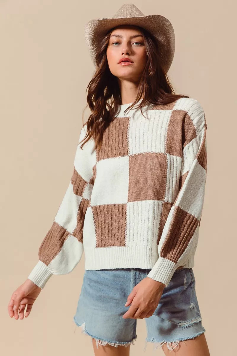 SO ME Ribbed Color Block Checkered Plaid Sweater b67376dfc47e497bb6ba34ca6fbd8b15-Max-Origin
