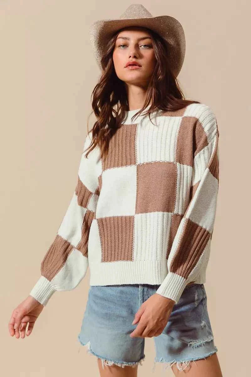 SO ME Ribbed Color Block Checkered Plaid Sweater SO ME Ribbed Color Block Checkered Plaid Sweater