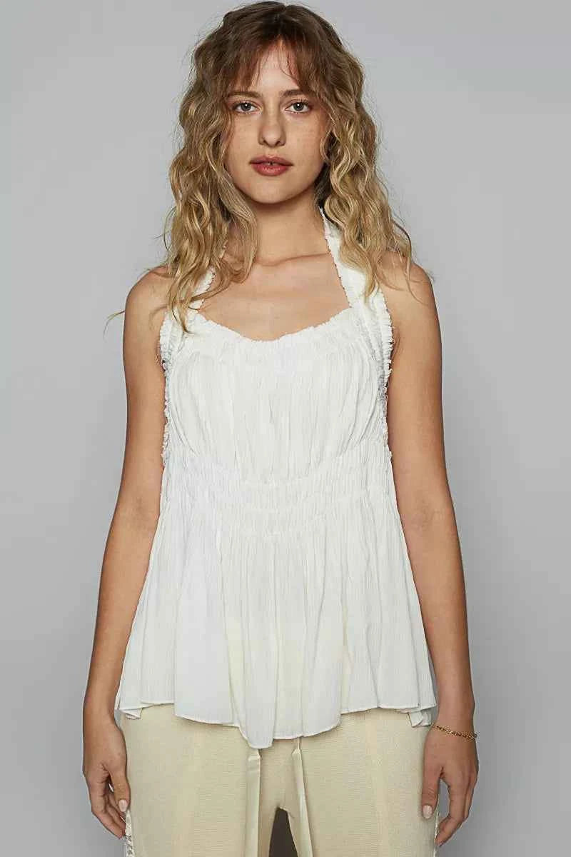 POL Backless Halter Sleeveless Top with Smocking Shirring Detail POL Backless Halter Sleeveless Top with Smocking Shirring Detail
