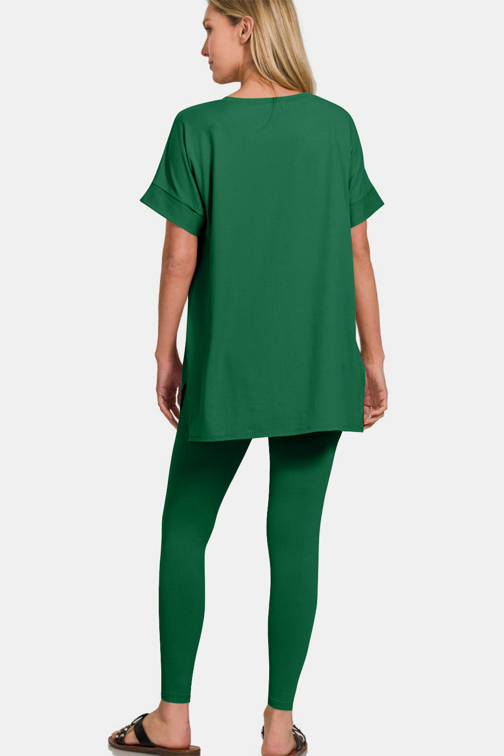 Zenana V-Neck Rolled Short Sleeve T-Shirt and Leggings Lounge Set Zenana V-Neck Rolled Short Sleeve T-Shirt and Leggings Lounge Set - TopFashionHQ