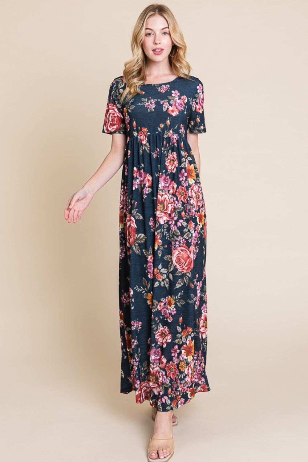 BOMBOM Floral Short Sleeve Maxi Dress BOMBOM Floral Short Sleeve Maxi Dress - TopFashionHQ