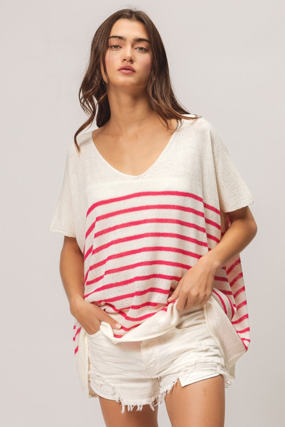 BiBi V Neck Striped Short Sleeve Top BiBi V Neck Striped Short Sleeve Top - TopFashionHQ