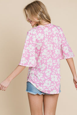 BOMBOM Floral Decorative Button V-Neck Top - TopFashionHQ