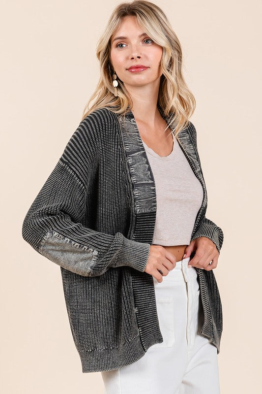 Mittoshop Contrast Patch Open Front Mineral Wash Cardigan Mittoshop Contrast Patch Open Front Mineral Wash Cardigan - TopFashionHQ