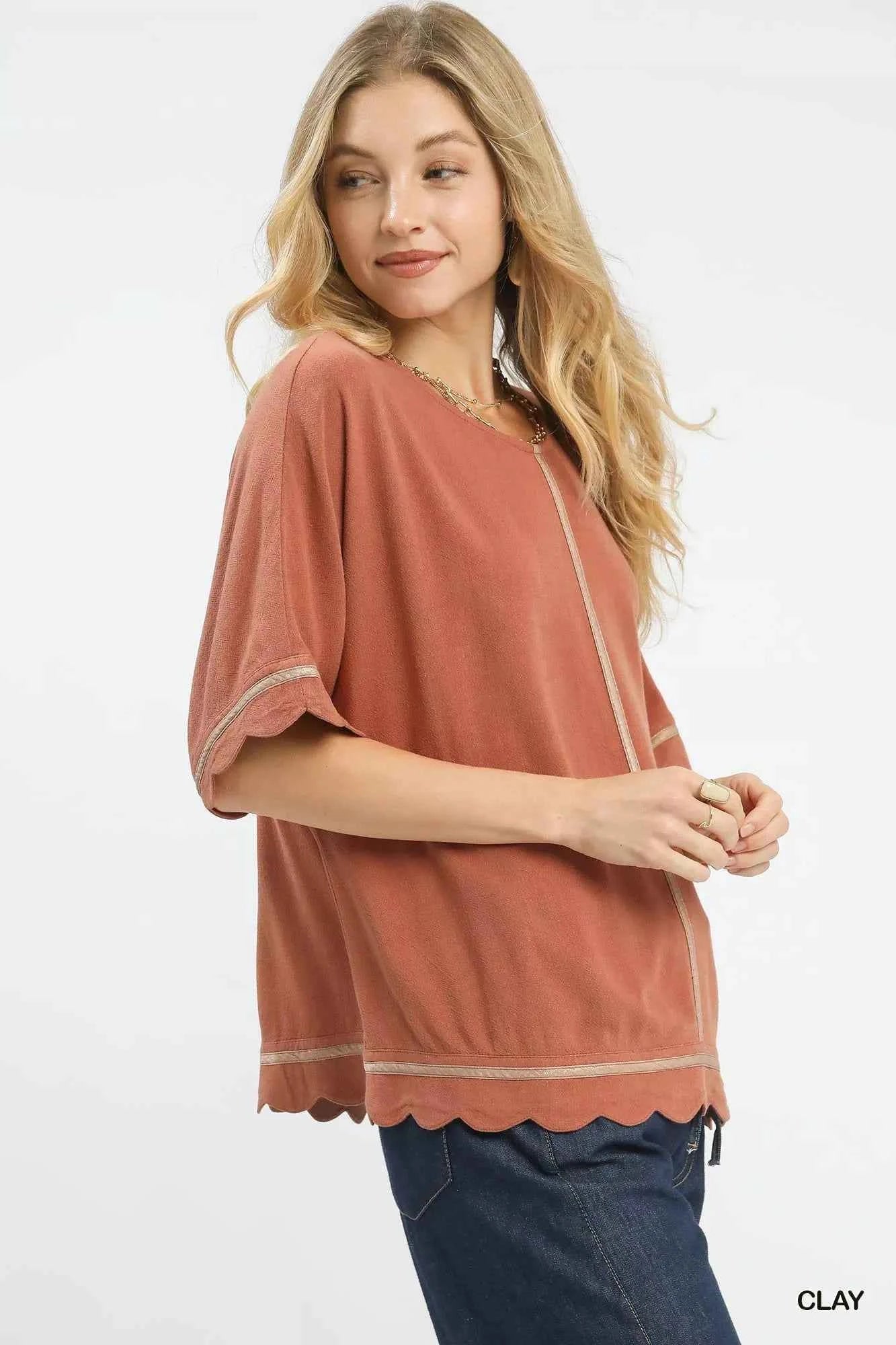 Umgee Linen Blend Scallop Trim Top Umgee Linen Blend Scallop Trim Top