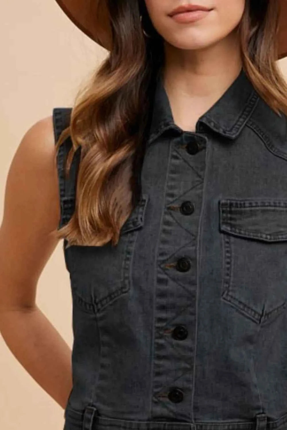 Annie Wear Collared Neck Button Down Denim Vest Annie Wear Collared Neck Button Down Denim Vest