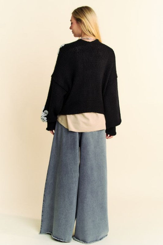 Davi & Dani Floral Applique Open Front Dropped Shoulder Cardigan Davi & Dani Floral Applique Open Front Dropped Shoulder Cardigan