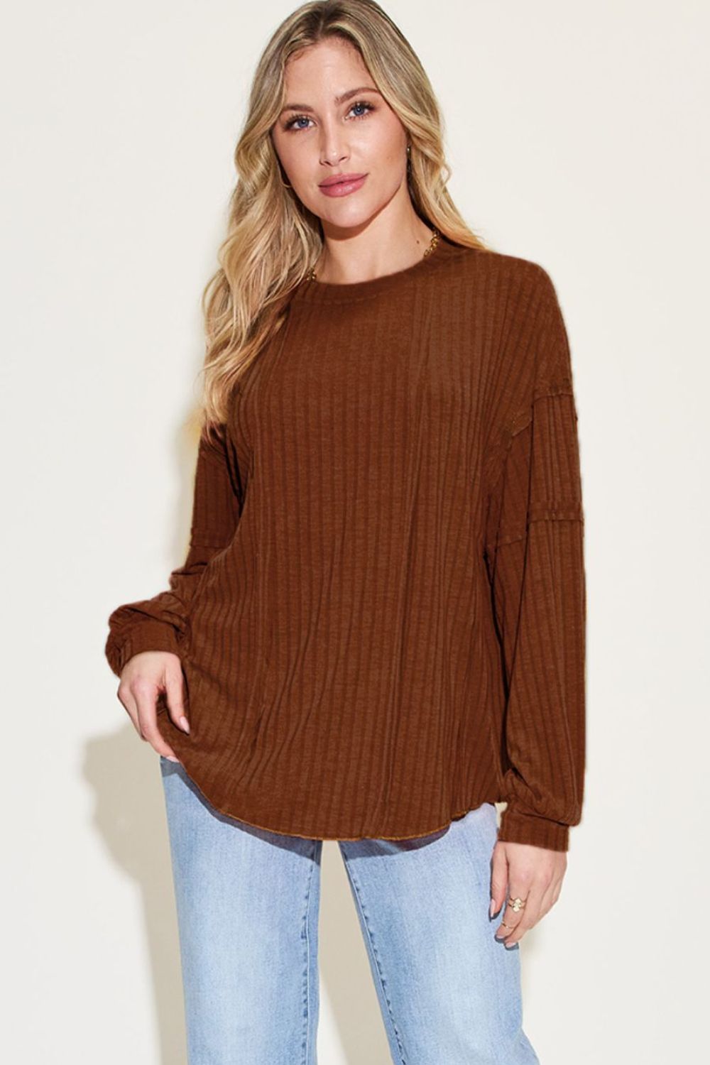 Basic Bae Full Size Ribbed Round Neck Long Sleeve T-Shirt Basic Bae Full Size Ribbed Round Neck Long Sleeve T-Shirt - TopFashionHQ