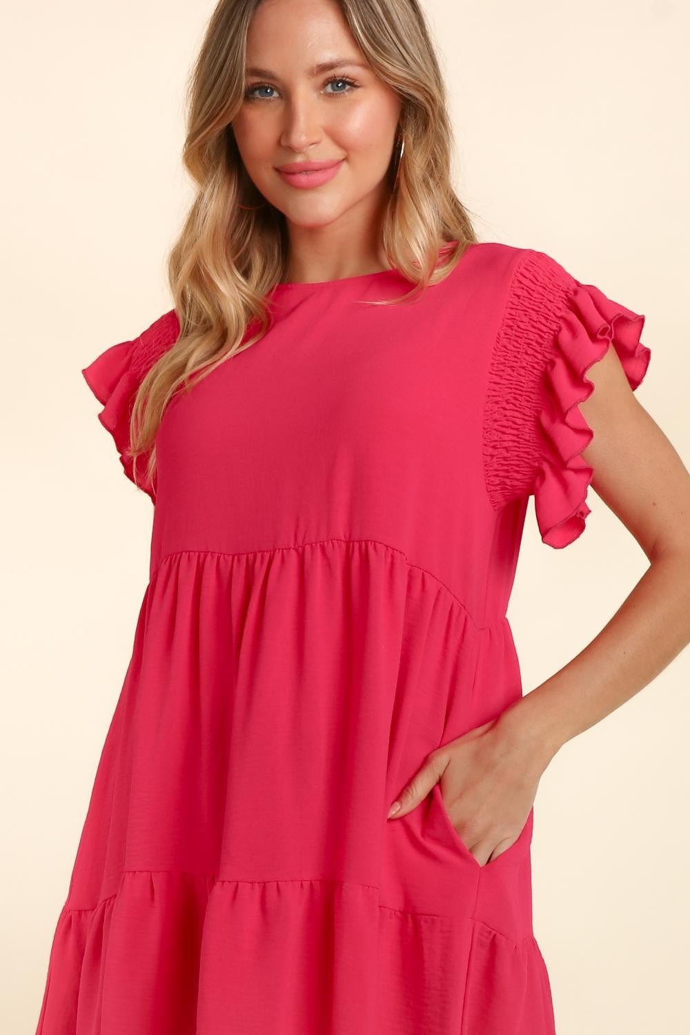 Haptics Full Size Smocking Ruffle Short Sleeve Dress with Pockets Haptics Full Size Smocking Ruffle Short Sleeve Dress with Pockets - TopFashionHQ