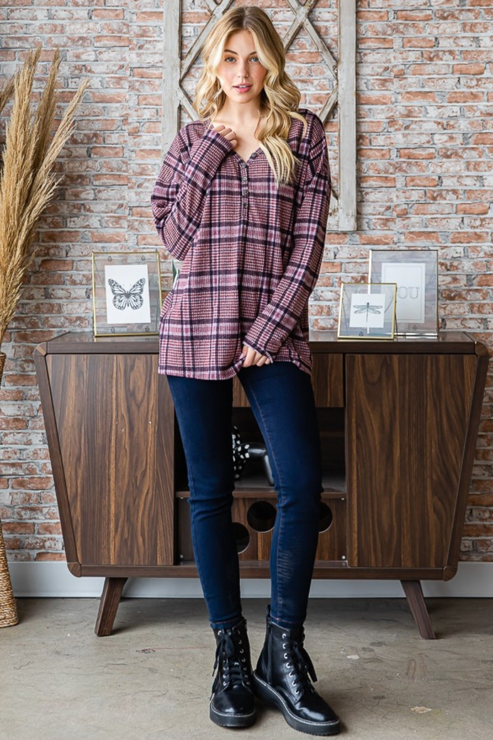 Heimish Full Size Plaid V-Neck Long Sleeve Top Heimish Full Size Plaid V-Neck Long Sleeve Top - TopFashionHQ