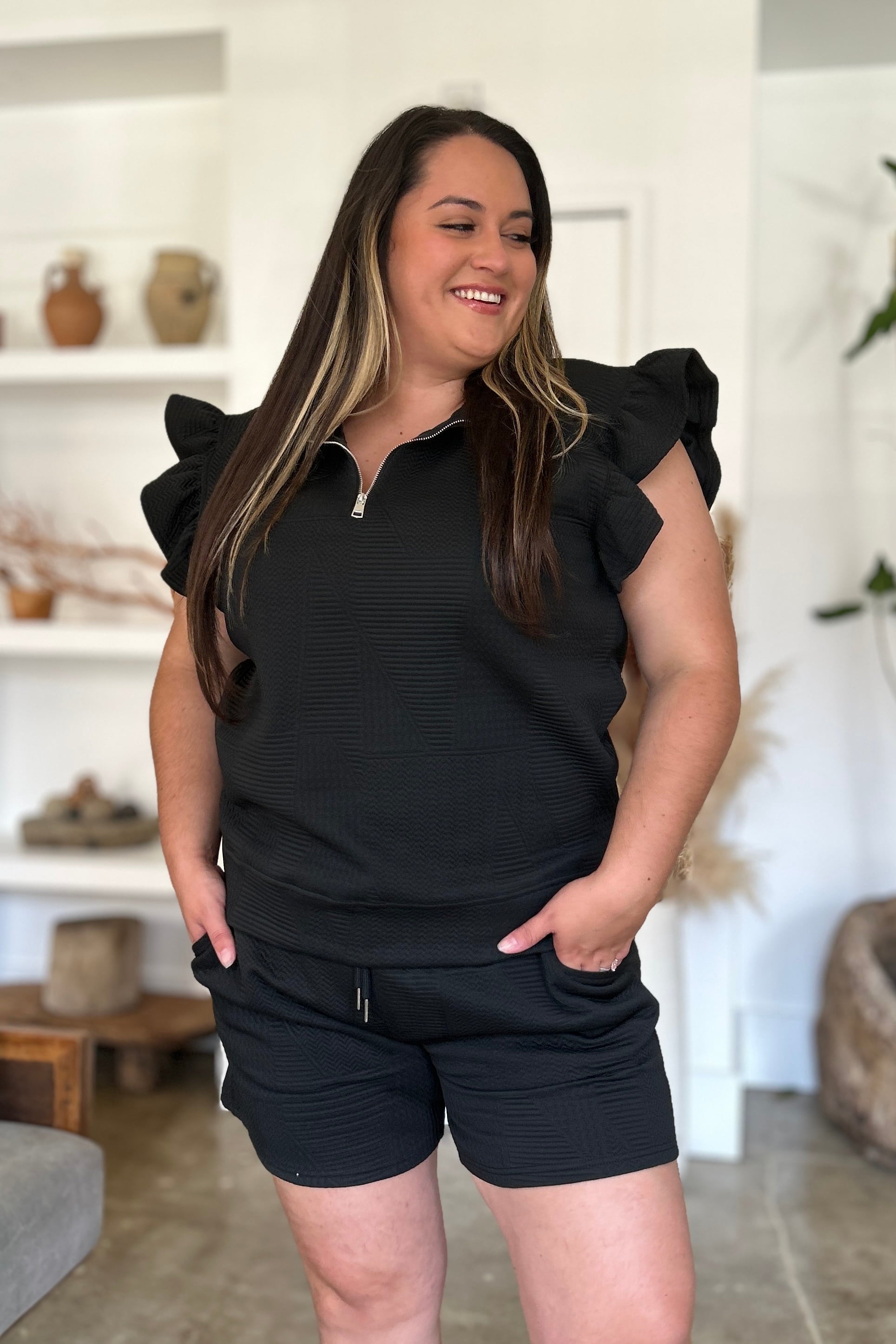 Double Take Full Size Texture Flounce Sleeve Top and Shorts Set Double Take Full Size Texture Flounce Sleeve Top and Shorts Set