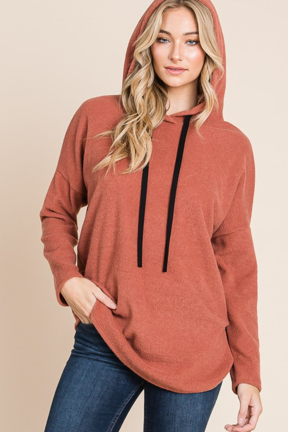BOMBOM Contrast Drawstring Drop Shoulder Knit Hoodie BOMBOM Contrast Drawstring Drop Shoulder Knit Hoodie