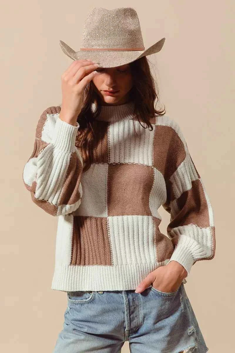 SO ME Ribbed Color Block Checkered Plaid Sweater SO ME Ribbed Color Block Checkered Plaid Sweater