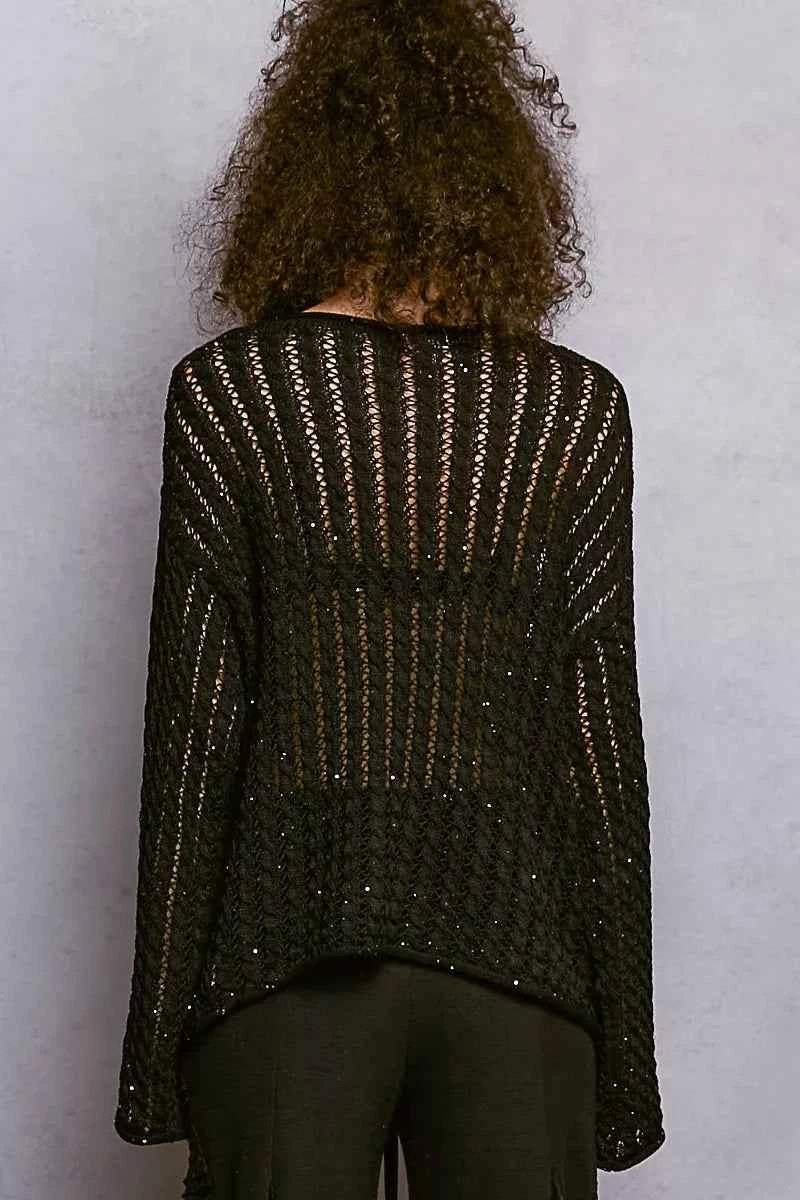 POL Openwork Round Neck Knit Top with Shiny Detail POL Openwork Round Neck Knit Top with Shiny Detail