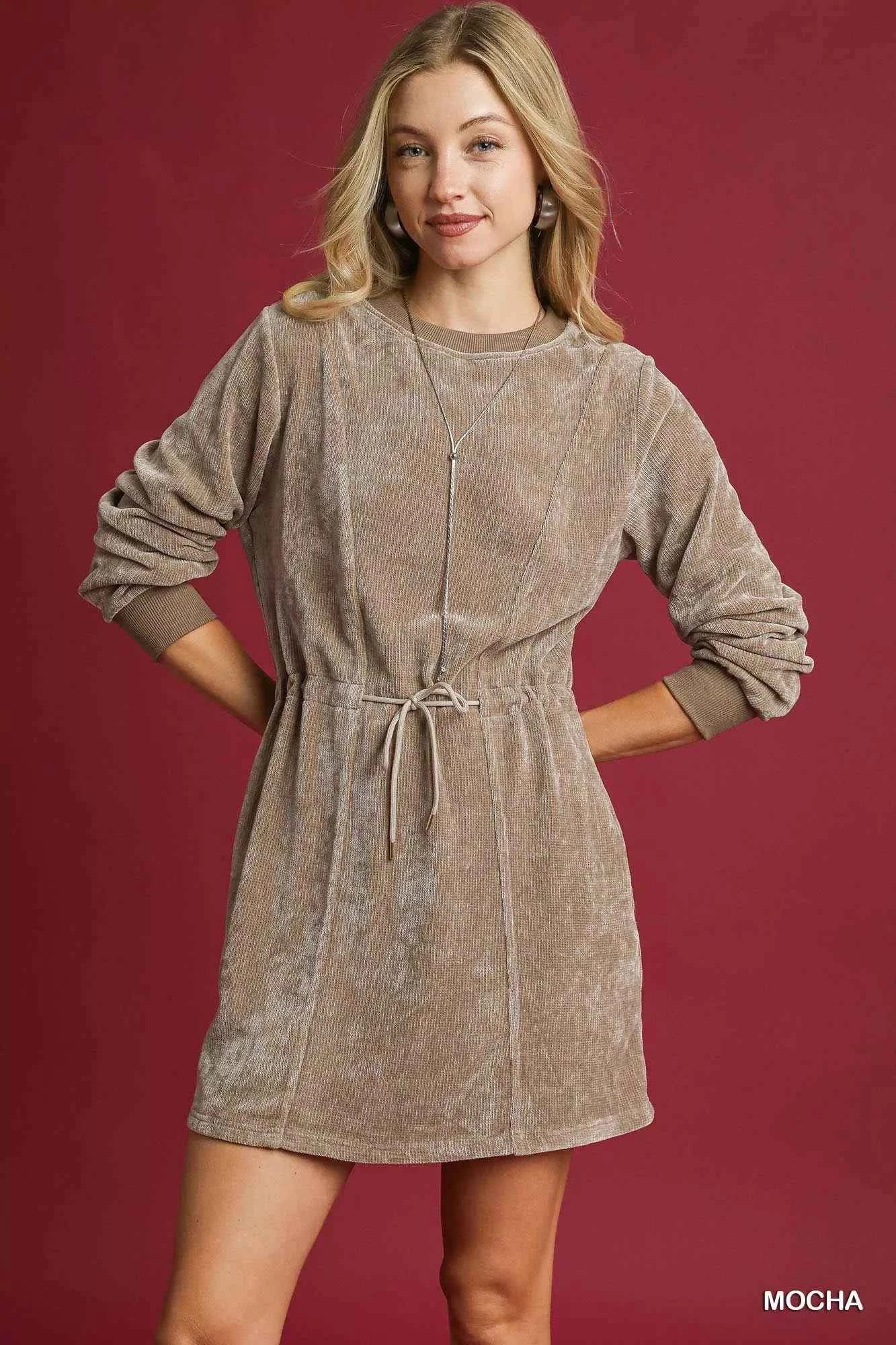 Umgee Velour Drawstring Mini Dress with Long Sleeves Umgee Velour Drawstring Mini Dress with Long Sleeves