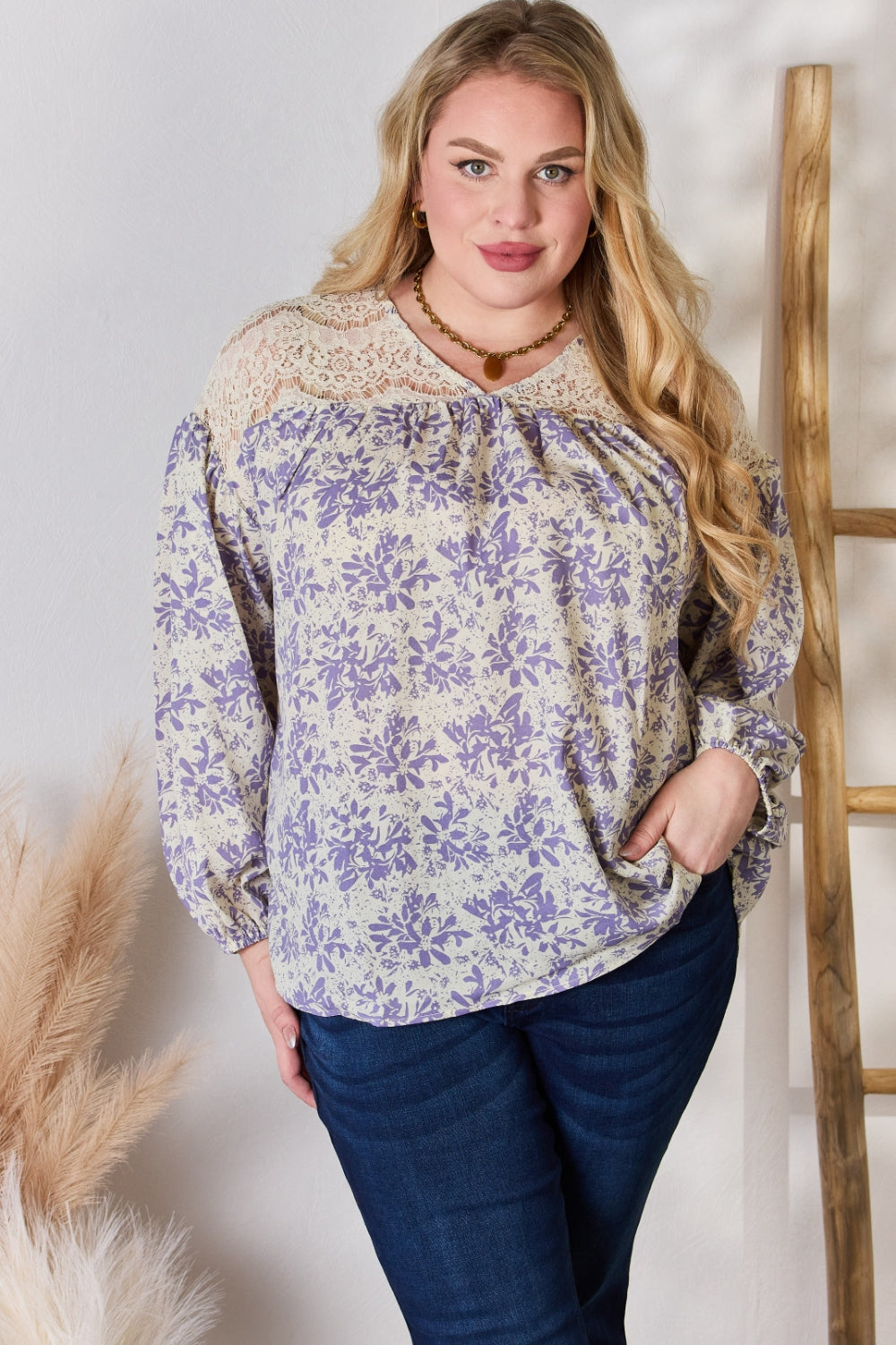 Hailey & Co Full Size Lace Detail Printed Blouse Hailey & Co Full Size Lace Detail Printed Blouse - TopFashionHQ