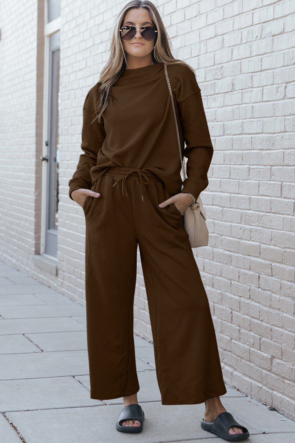 Double Take Full Size Textured Long Sleeve Top and Drawstring Pants Set Double Take Full Size Textured Long Sleeve Top and Drawstring Pants Set - TopFashionHQ