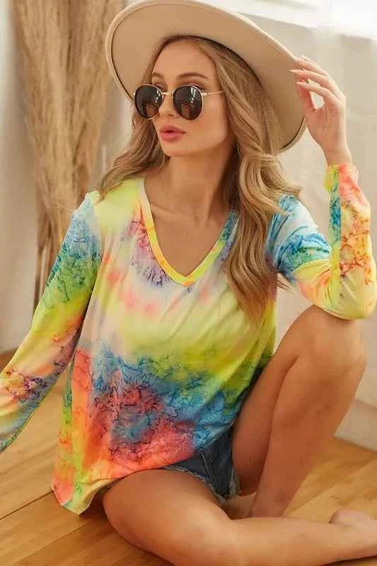 BiBi Tie Dye Long Sleeve V-Neck T-Shirt BiBi Tie Dye Long Sleeve V-Neck T-Shirt