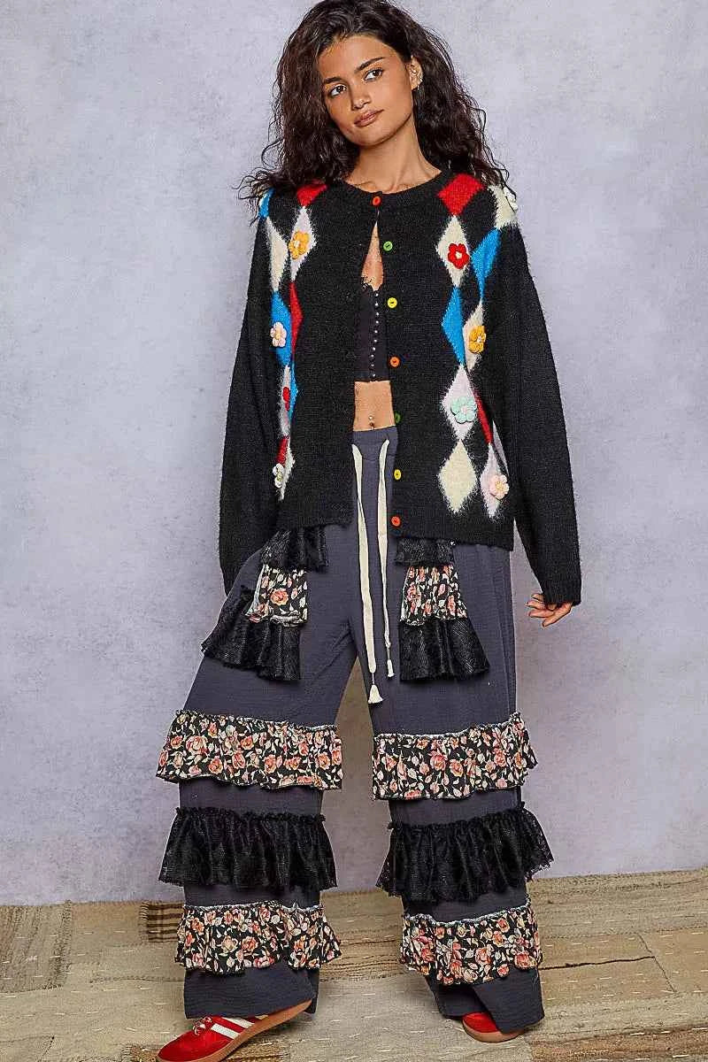 POL Button Down Diamond Pattern Round Neck Cardigan POL Button Down Diamond Pattern Round Neck Cardigan