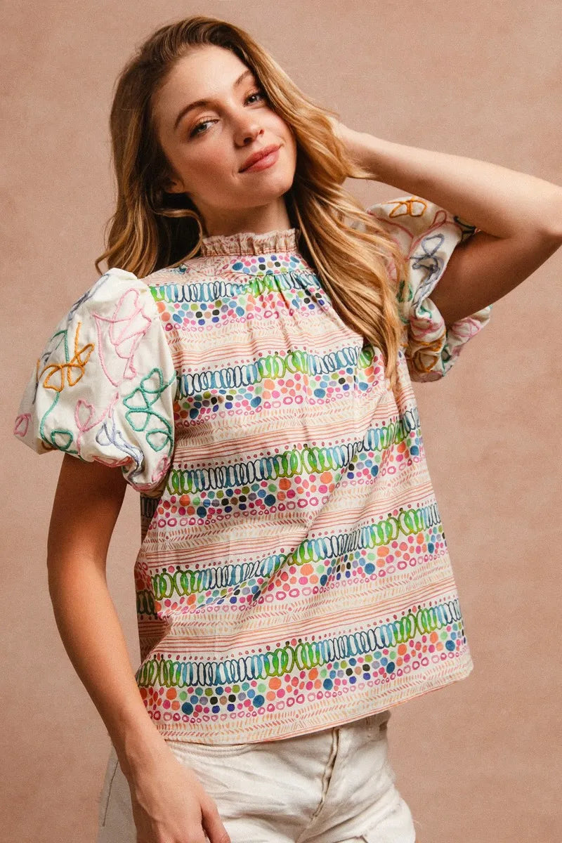 BiBi Ruffle Neckline Blouse With Embroidery Bubble Sleeve b8c5272bce554195b6a70a9146f097ca-Max-Origin