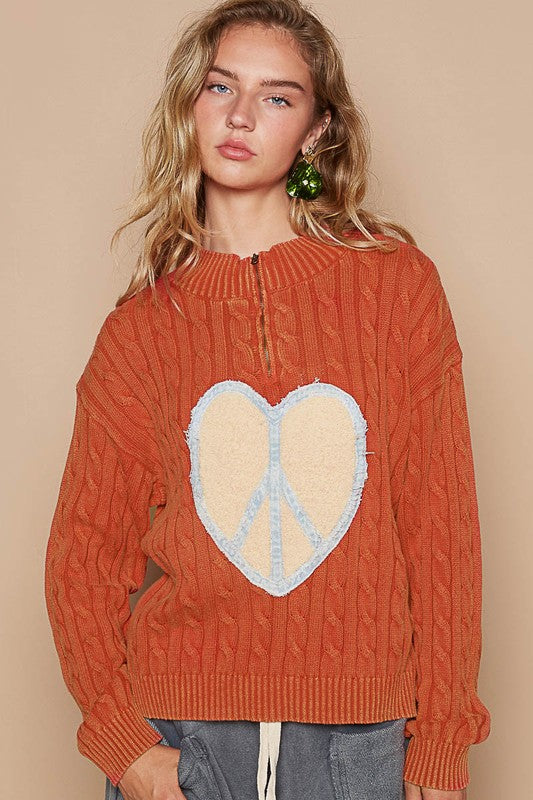 POL Cable-Knit Peace Patch Dropped Shoulder Sweater POL Cable-Knit Peace Patch Dropped Shoulder Sweater - TopFashionHQ