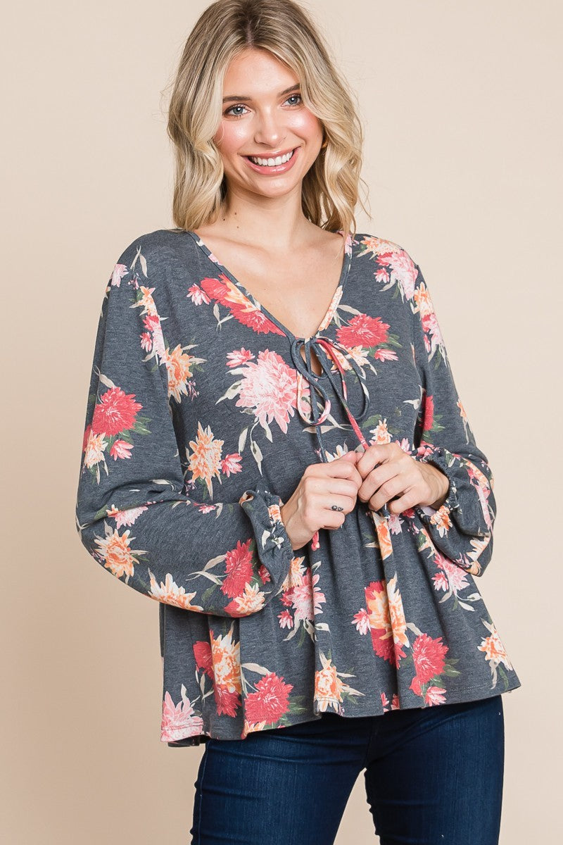 Super Lady Full Size Babydoll Floral Long Sleeve Blouse Super Lady Full Size Babydoll Floral Long Sleeve Blouse